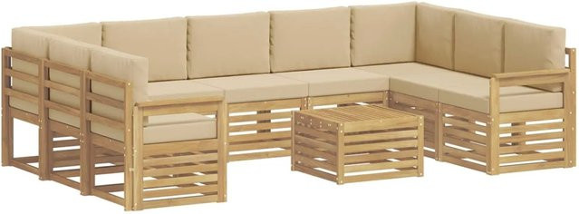 vidaXL Outdoor-Sofagarnitur 8-teilig in L-Form aus Akazienholz mit Polstern in Weiß und Beige, B/T/H: 59 x 59 x 37 cm - Bild 1