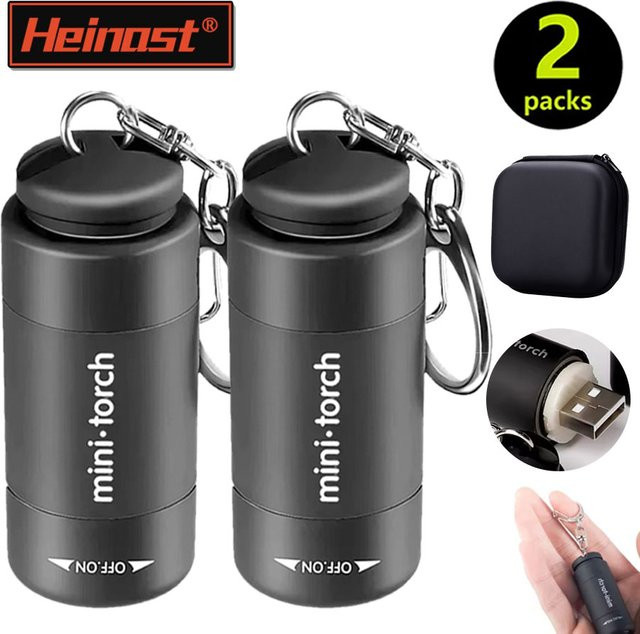Heinast Mini LED Schlüsselanhänger Taschenlampe USB aufladbar in Schwarz mit Clip und COB-Licht für Outdoor und Camping - Bild 1