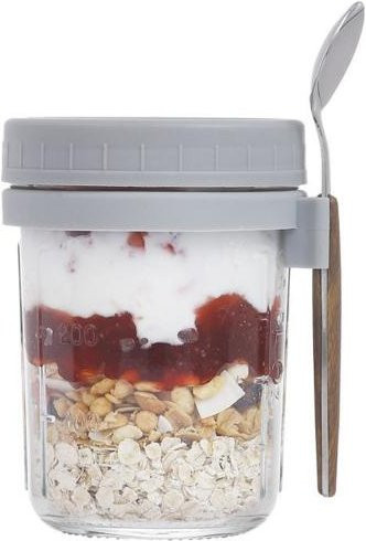 2er Set Homespace Glas-Frühstücksschalen mit Löffel und Deckel, transparent und grau, aus Glas und Silikon, auslaufsicher mit Maßstabsdesign - Bild 1