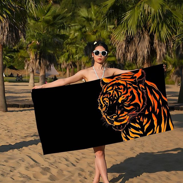 Schnelltrocknendes Mikrofaser-Strandtuch mit Tigermuster in Schwarz für Pool, Strand und Yoga - Bild 1