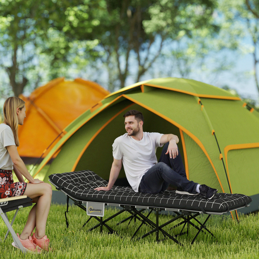 Outsunny Campingbett klappbar, schwarzes Feldbett mit Seitentaschen und Matratze, belastbar bis 150 kg, B/T/H: 190 x 67 x 37 cm - Bild 2