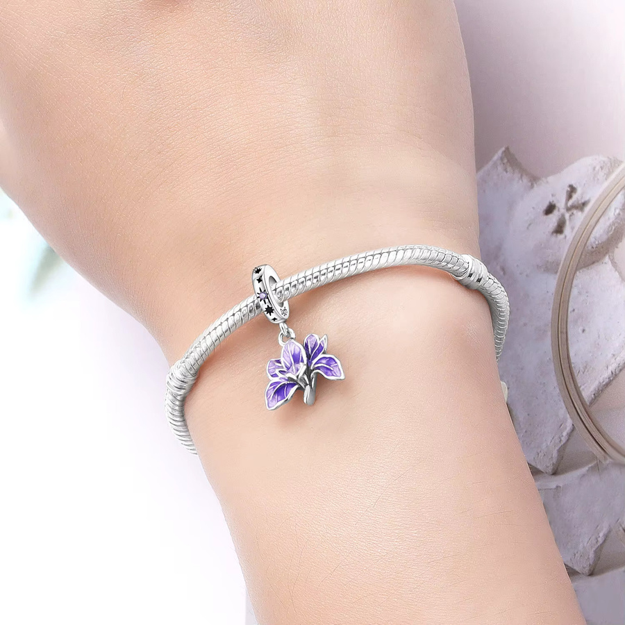 PANPOKI Charms, 925 Silber, Perle, Zirkonia, Lila Iris-Blumen - Bild 2