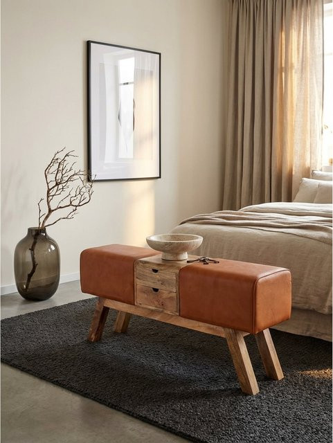 Sitzbank von KADIMA DESIGN aus Echtleder und Massivholz in Braun im Retro-Style, B/T/H: 120 x 56 x 30 cm - Bild 1