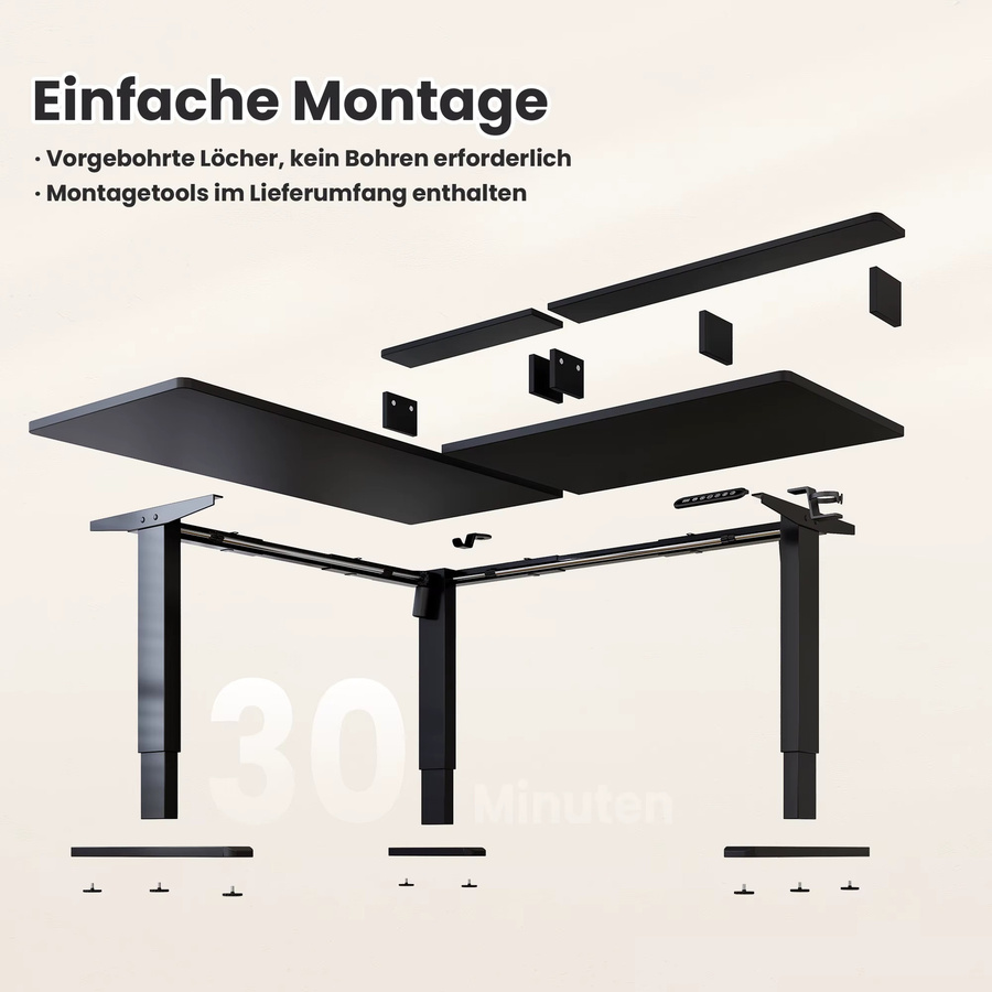 ThomP Elektrischer L-Form Schreibtisch mit 3 Motoren und Memory Steuerung, Eckschreibtisch in Schwarz mit Monitorständer, Kopfhörerhalter und Getränkehalter, Tischplatte aus Holz, B/T: 160 x 140 cm - Bild 5