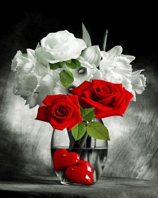 FIYO DIY Diamant Stickerei Set mit rot-weißen Rosen als 5D Kreuzstich Mosaik Handwerk Kit, Breite: 40 cm, Höhe: 50 cm - Bild 1