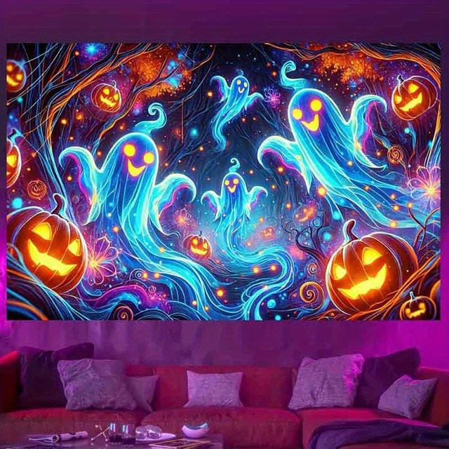 VIKAMA Halloween Wandteppich mit Geist und Kürbis Laternen, Mehrfarbig, B/H: 60 x 40 cm - Bild 1