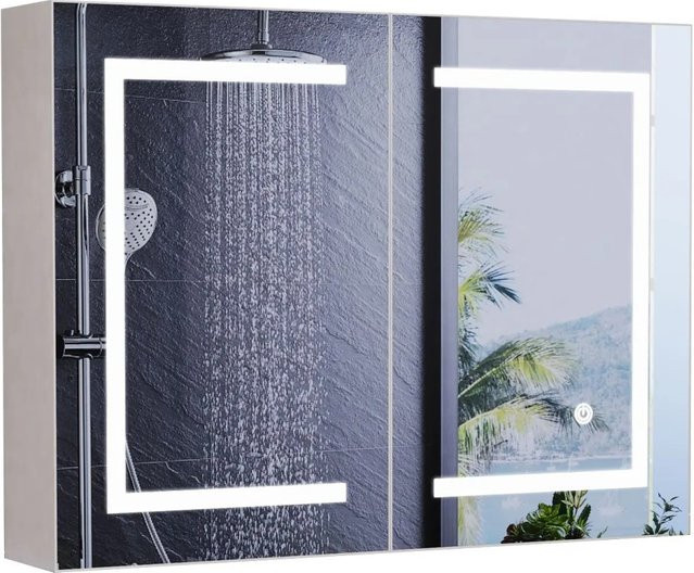 PXloue Spiegelschrank Bad in Weiß mit LED-Beleuchtung und 3 einstellbaren Lichtfarben, Wandmontage, Glas und MDF, B/H: 60 x 80 cm - Bild 1