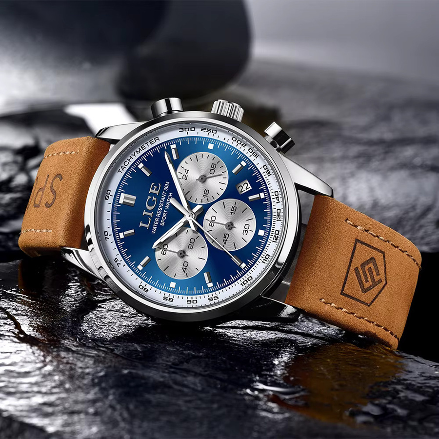 LIGE Armbanduhr Chronograph, Quarz, Leder, Schwarz, Herren - Bild 3