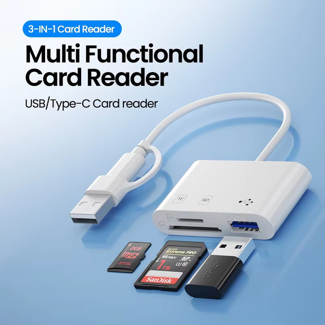 3-in-1 Multifunktions-Kartenleser mit USB und Typ-C für SD und TF Speicherkarten, OTG-Konverter für MacBook, Laptop und Samsung, erhältlich in Schwarz oder Weiß - Bild 1