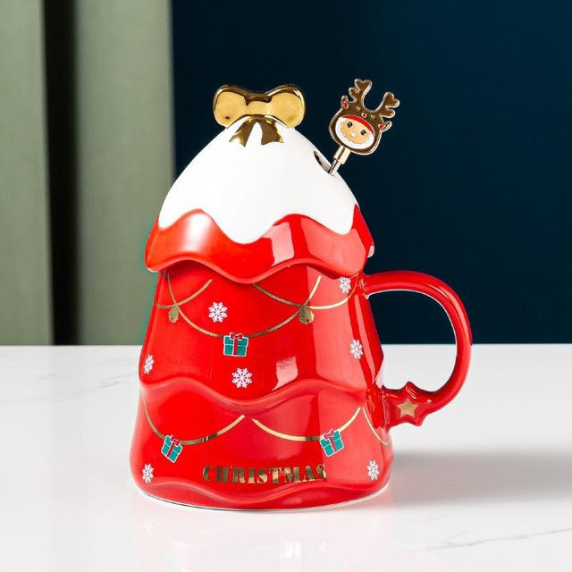 Weihnachtstasse aus Keramik mit Deckel von Yiran Furniture in Rot, 450,5 ml - Bild 1