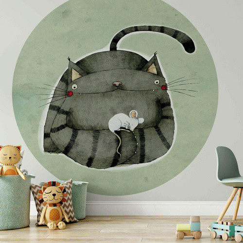 K&L Wall Art Runde Vliestapete Loske Katze liebt Maus Kinder Motiv, mehrfarbig, matt - Bild 2
