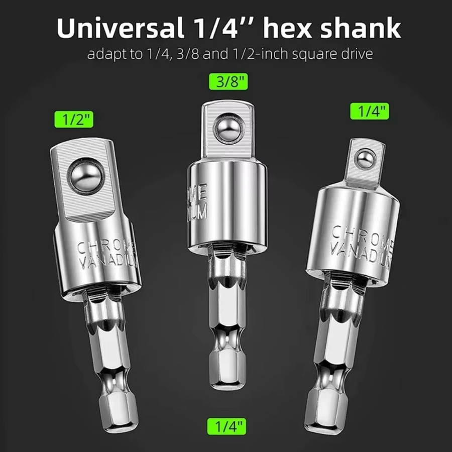 Ninth World Universalgelenkstange mit Sechskantschaft auf viereckiger Buchse als Umrüstkopf für Handbohrmaschinen, 1/4 Zoll, 3/8 Zoll und 1/2 Zoll - Bild 2