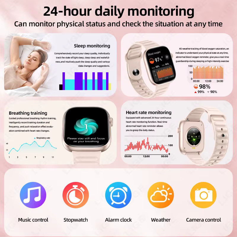 LIGE Smartwatch, 1,83 Zoll, Silikon, Herren, Damen, pink - Bild 3
