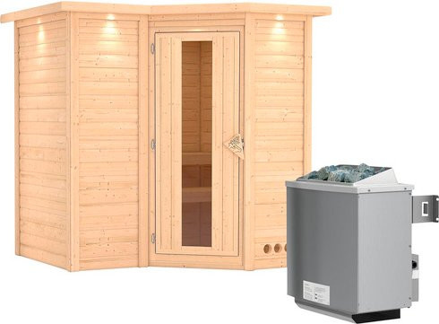 Karibu Sauna Riga 1 aus Fichtenholz mit 9 kW Saunaofen und integrierter Steuerung für 3 Personen, beige - Bild 1