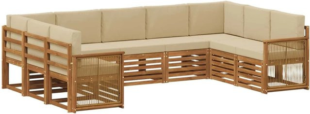 vidaXL Ecksofa Set aus massivem Akazienholz in Natur mit wetterfesten Polyester-Kissen in Beige - Bild 1