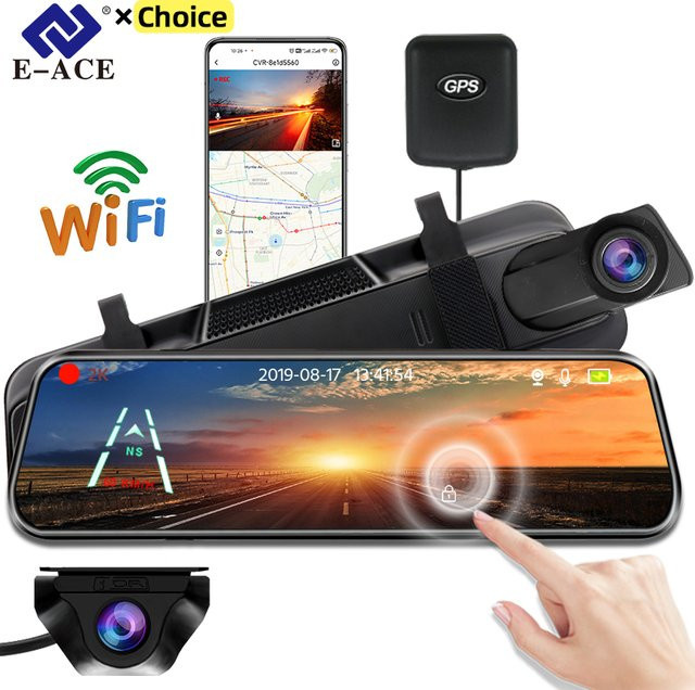 E-ACE 2K Auto Dashcam mit WIFI und GPS, Spiegel-Dashcam mit 1080P Videoaufnahme, Nachtsicht und 24H Parkmodus, Schwarz - Bild 1