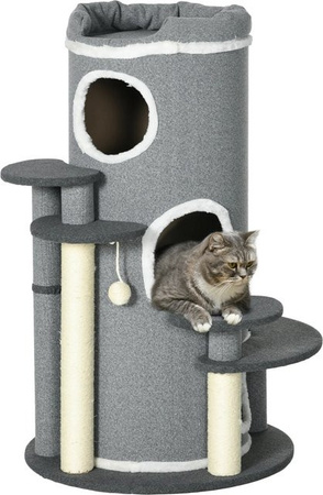 PawHut Kratztonne Grau mit Katzenbett, Spielball und Sisal, B/T/H: 57 x 57 x 99 cm