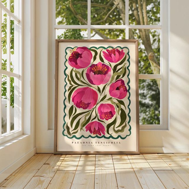 Summer Peony Art Print von SHENCHEN – Bunte handgezeichnete Blumenillustration im Portraitformat, Multicolor - Bild 1