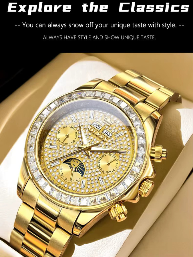 OLEVS Armbanduhr Automatik, Edelstahl, Gold, Diamant, Herren - Bild 7