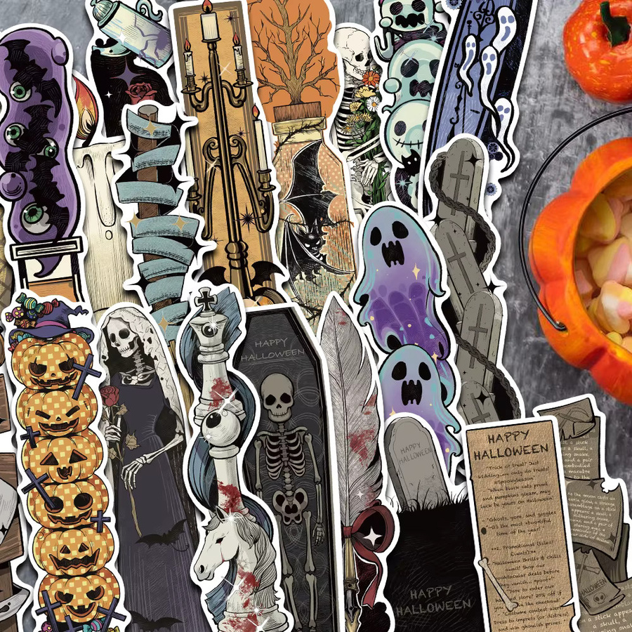 30er Set Halloween Lesezeichen mit Cartoon Horror Motiven wie Geistern, Schädeln, schwarzen Katzen und Kürbissen in Schwarz und Multicolour - Bild 1