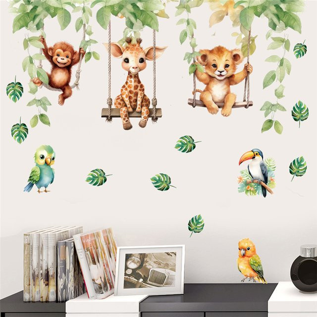 DEOWUU Wandtattoo Kinderzimmer mit lustigen Tieren wie Affe, Giraffe und Löwe als DIY Cartoon Wandbild aus PVC - Bild 1