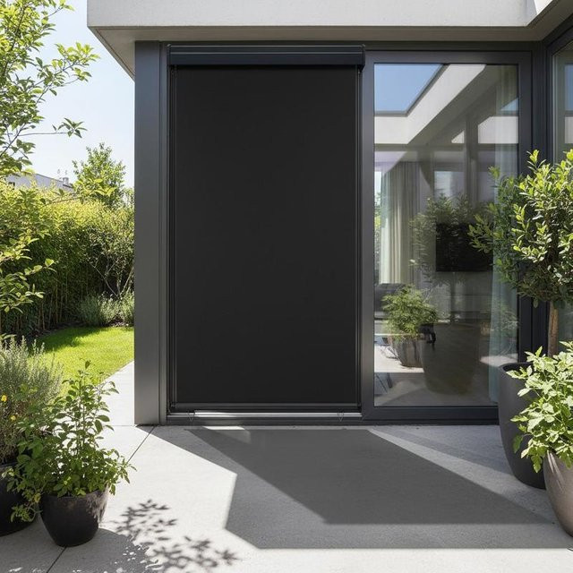 Seitlicher Balkon-Sonnenschutz als vertikaler Sicht- und Windschutz mit Aluminium-Rollmechanismus und UV-beständigem Polyestergewebe in Schwarz, B/T/H: 85 x 250 x 0 cm - Bild 1