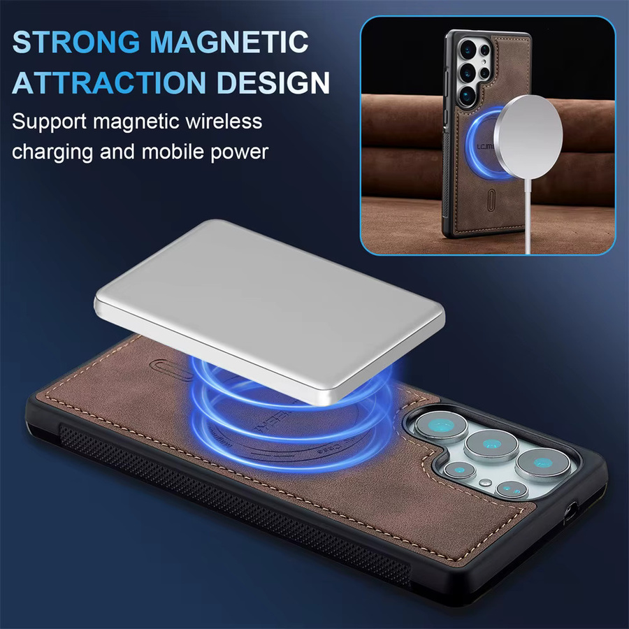 Magnetische Lederhülle für Samsung Galaxy S26 Ultra S25 S24 Ultra S23 FE S22 FE A17 A37 A57 A16 A36 A56 in Braun mit kabellosem Laden - Bild 5