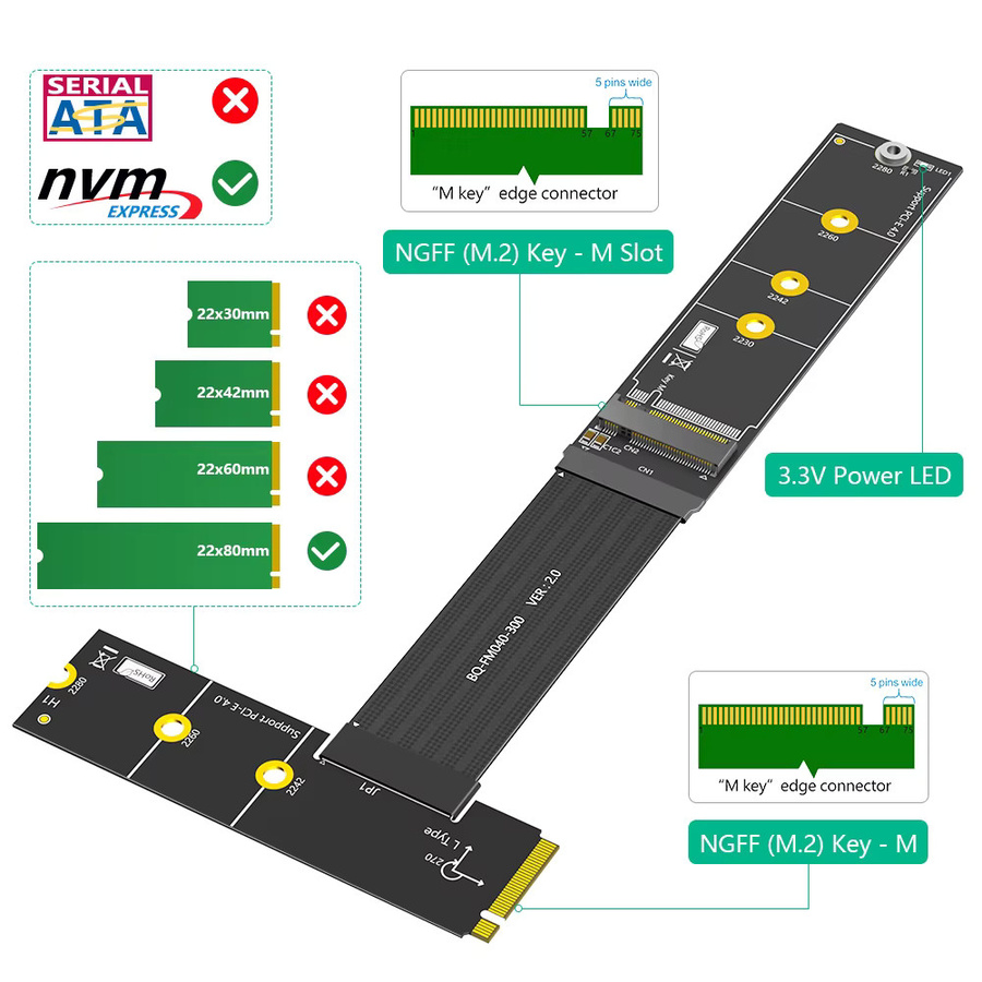 T.F.SKYWINDINTL M.2 NVMe PCIe 4.0 Erweiterungskarte Schwarz, 64Gbps NGFF M.2 M-Key SSD Adapterkabel für 2230 2242 2260 2280 M.2 SSDs - Bild 4