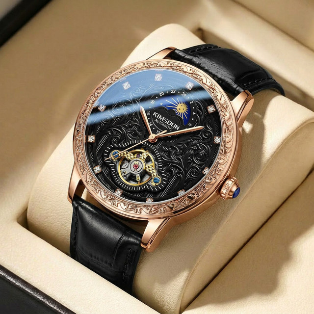 KIMSDUN Armbanduhr, Mechanisch, Schwarzes Zifferblatt, Leder, Herren - Bild 1