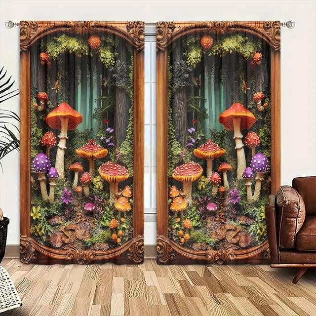 2er-Set Vorhang mit Pilzwald-Print im Landhausstil, Grau/Mehrfarbig, B: 52,5 cm, H: 116 cm - Bild 1