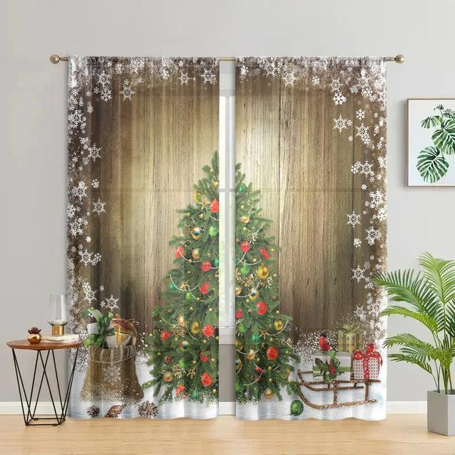 2er-Set Weihnachtsbaum Schneeflocke Holzvorhang in Beige, halbtransparent mit Rod Pocket, B: 150 cm, H: 166 cm - Bild 1