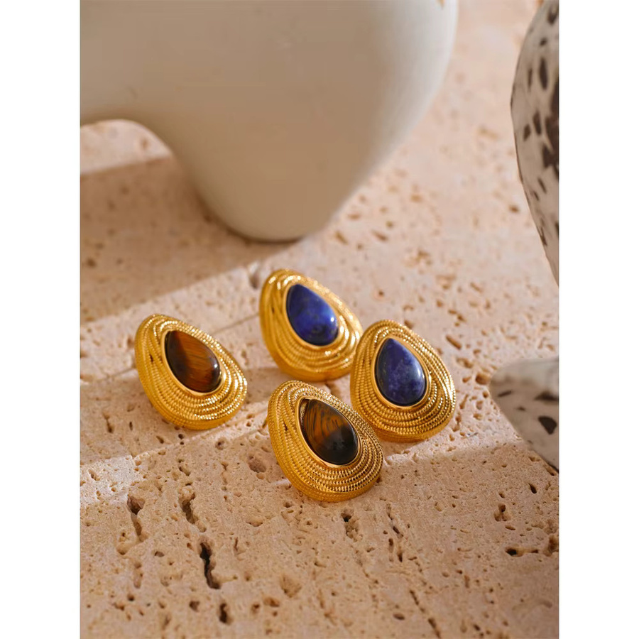 Yhpup Ohrstecker, Tiger Lapislazuli, Gold Farbe, Wassertropfen - Bild 2