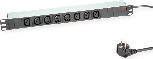 ROLINE 19-Zoll Steckdosenleiste mit 8 C13 Steckplätzen und Schutzkontakt-Stecker, Aluminium, Silber/Grau, Kabellänge: 2,0 m - Bild 1