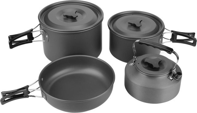 Aimo Camping Kochgeschirr Set aus Aluminiumlegierung in Schwarz mit Pfanne, Topf, Teekanne, Schüssel und Zubehör für Outdoor Reisen - Bild 1