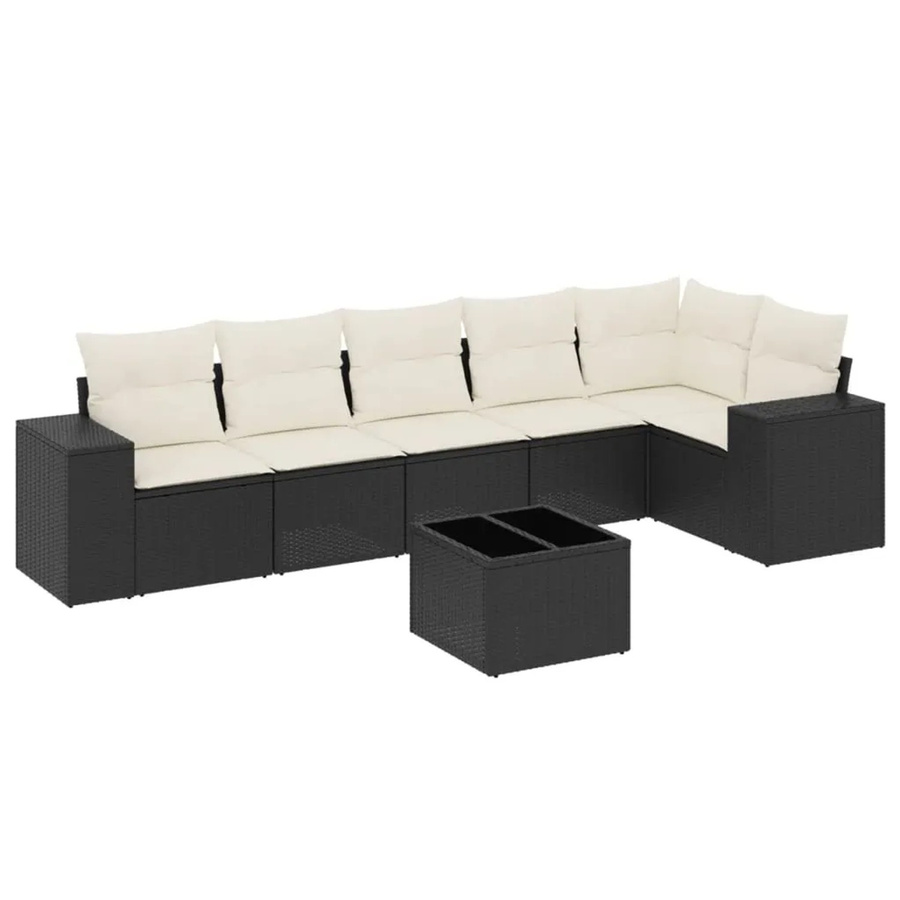 vidaXL 7-teilige Garten-Sofagarnitur in L-Form aus Poly-Rattan mit Kissen in Schwarz-Creme - Bild 2