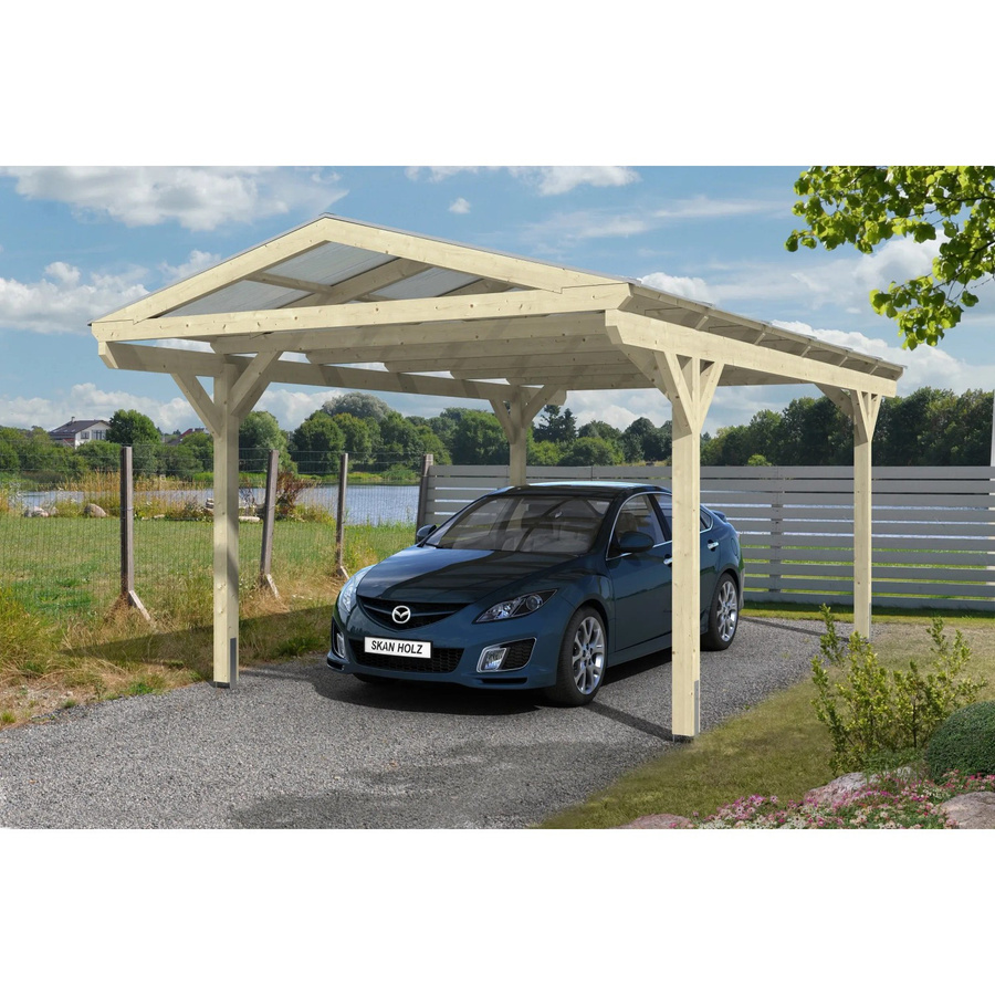 Skan Holz Carport Westerwald Satteldach aus Fichte Leimholz mit Doppelstegplatten aus Polycarbonat, Farbe: beige, B: 362 cm, T: 648 cm, H: 281 cm - Bild 2