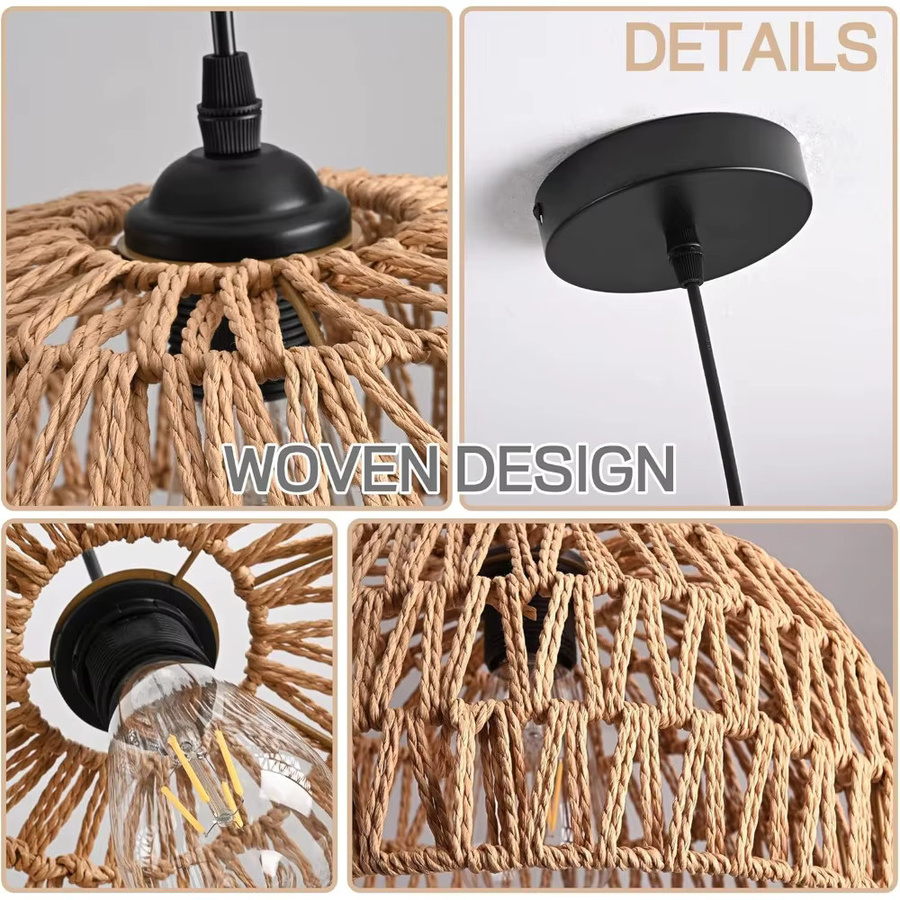JOYINLED Handgewebter Lampenschirm aus Rattan in Braun für Pendelleuchten im Boho-Stil, Durchmesser: 32 cm - Bild 3