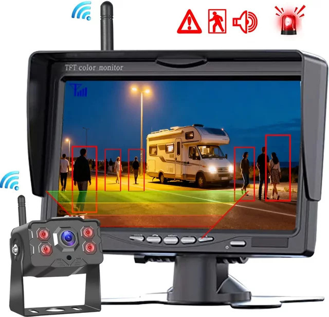 QXNY Drahtlose Rückfahrkamera mit 7 Zoll Monitor und BSD AI-Erkennung in Schwarz für LKW, Bus, Wohnmobil und Anhänger - Bild 1