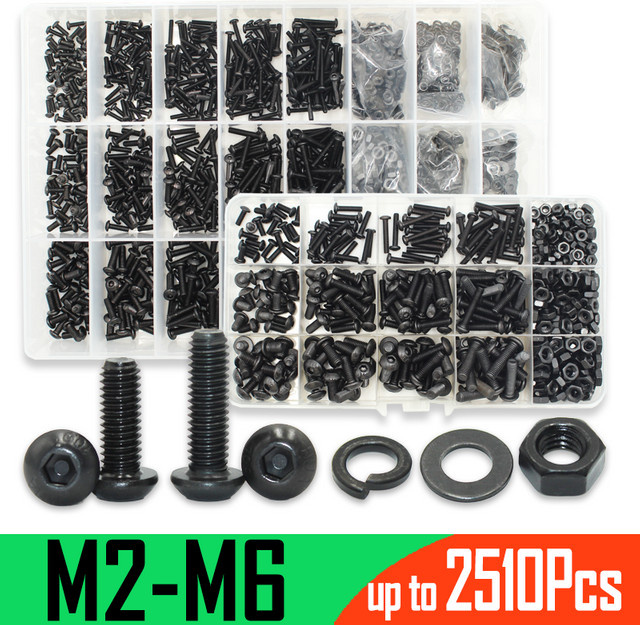 YMAX Schraubensatz mit Flachkopfschrauben, Muttern und Unterlegscheiben, Innensechskant, Güteklasse 10.9, Schwarz, M2 bis M6 - Bild 1