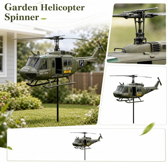 Superman Joe Drehbarer Hubschrauber Windspiel aus Metall als dekorative Garten Skulptur in Grün - Bild 1