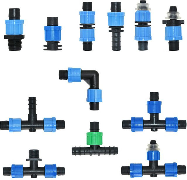5er Set Bewässerungs-Anschlüsse für 16mm Tropfbänder mit T-Stücken, Ellenbogen und Endstücken zur Reparatur und Installation - Bild 1