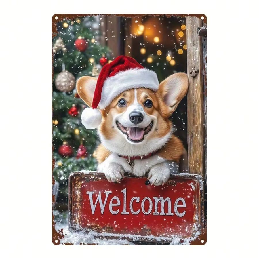 Corgi Weihnachts-Wanddekoration aus Metall mit Willkommen-Schild, B: 20,3 cm, H: 30,5 cm - Bild 2