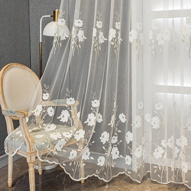 CENTURyMiG Transparenter Schleier-Vorhang mit floraler Stickerei in Weiß, UV-Schutz für Wohnzimmer und Schlafzimmer, B: 100 cm, H: 200 cm - Bild 1
