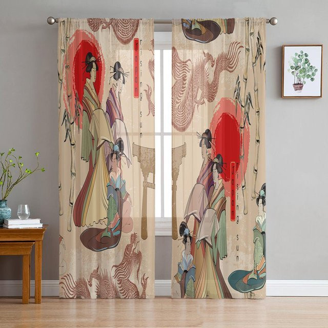 Yiran Furniture Kimono Geisha Vorhang aus transparentem Tüll im orientalischen Design, 2er-Set, Breite: 50 cm, Höhe: 160 cm - Bild 1