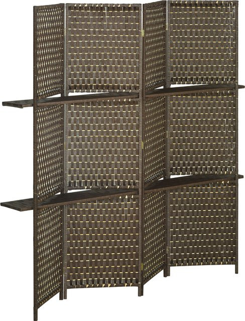 HOMCOM Innenraum-Paravent mit 4 Paneelen und 2 Regalen aus Kiefernholz und Bambus, Braun, B: 181 cm, H: 180 cm - Bild 1