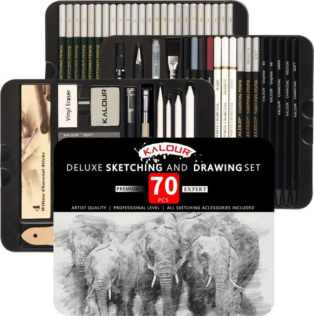 KALOUR Luxus Skizzier-Set aus Metall mit 70 Teilen für professionelle Kunst und Outdoor-Anwendungen inklusive Graphit-Bleistiften - Bild 1