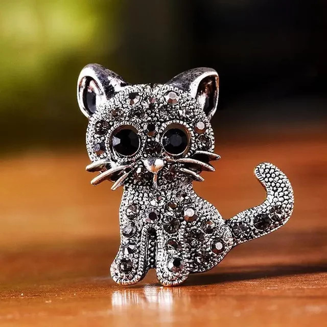 Katzen-Brosche, Silber, Kristall, Damen, Vintage - Bild 1