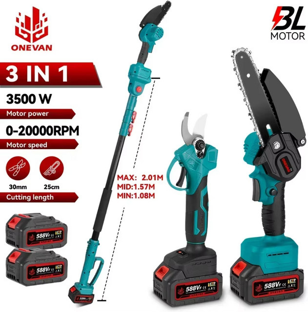 ONEVAN 4-in-1 Bürstenlose Teleskop-Elektrokettensäge 3500W Hochastschere Gartenwerkzeug kompatibel mit Makita 18V Akku - Bild 1