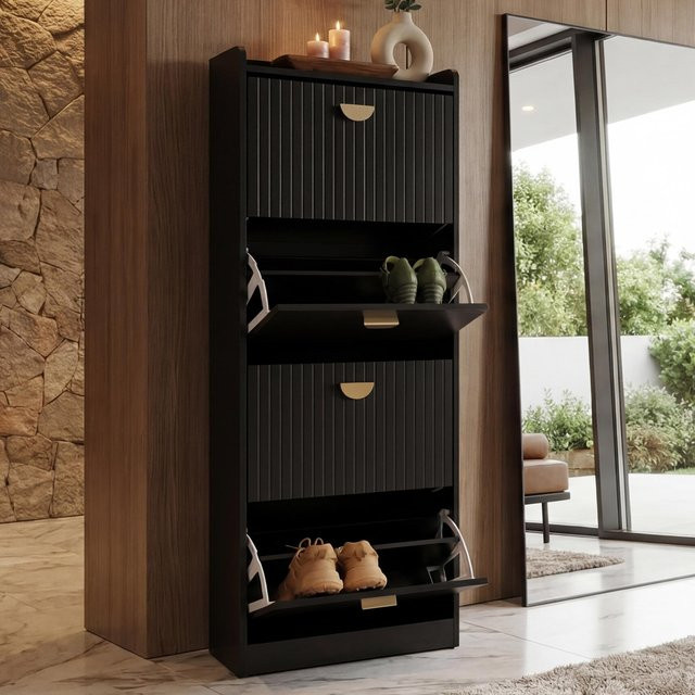 Schuhschrank MCW O39 mit Klappfächern in Schwarz, B/H/T: 148 x 50 x 24 cm - Bild 1