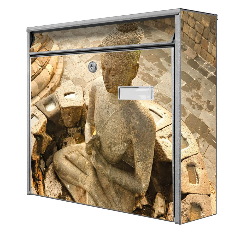 banjado Wandbriefkasten Modell Mail Burg Wächter mit Buddha Motiv, silber verzinktes Stahlblech, B/H/T: 36 x 32 x 10 cm - Bild 1